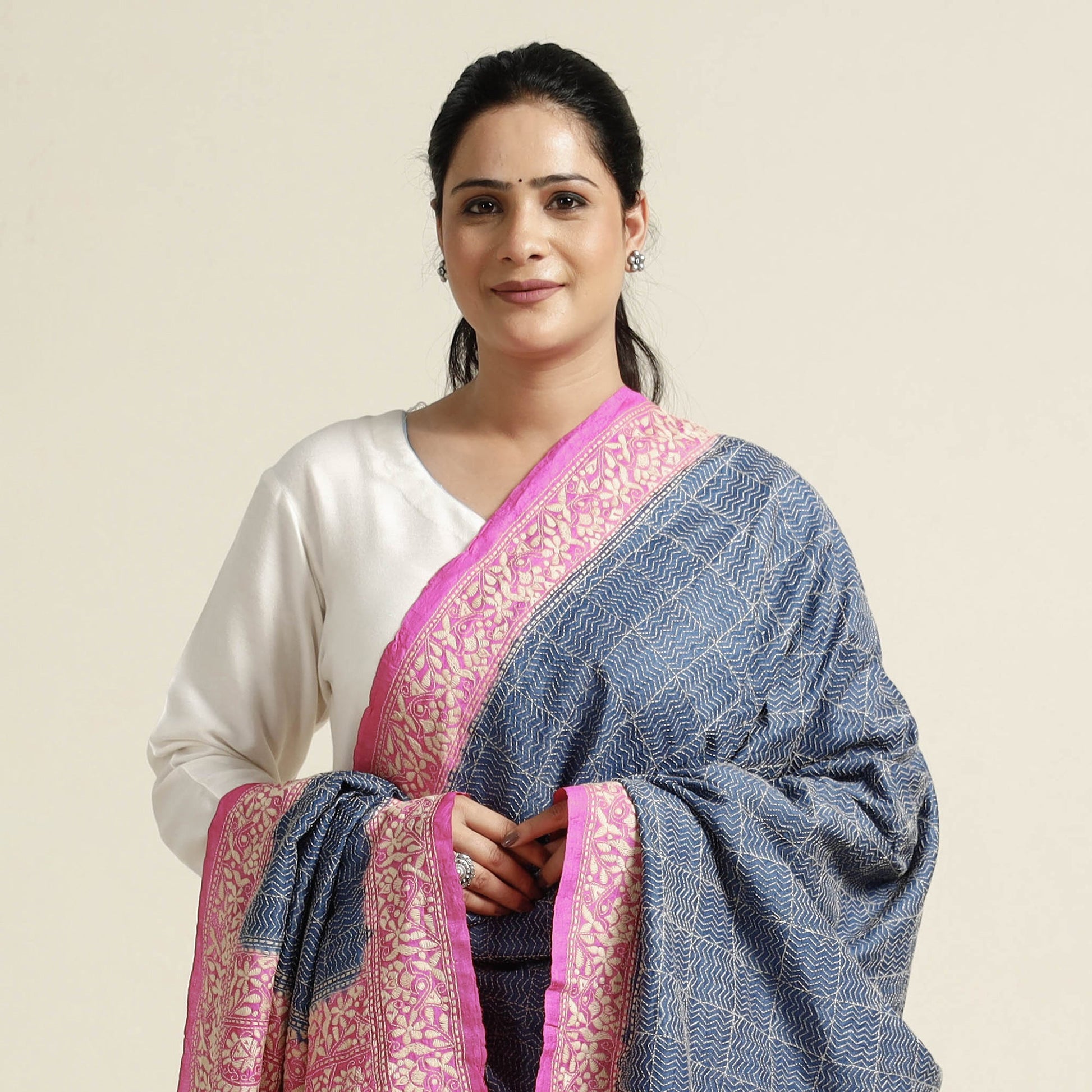Blue - Bengal Kantha Embroidery Tussar Silk Handloom Dupatta