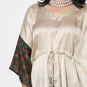 Beige - Modal Silk Ajrakh Printed Kaftan Dress (Medium)