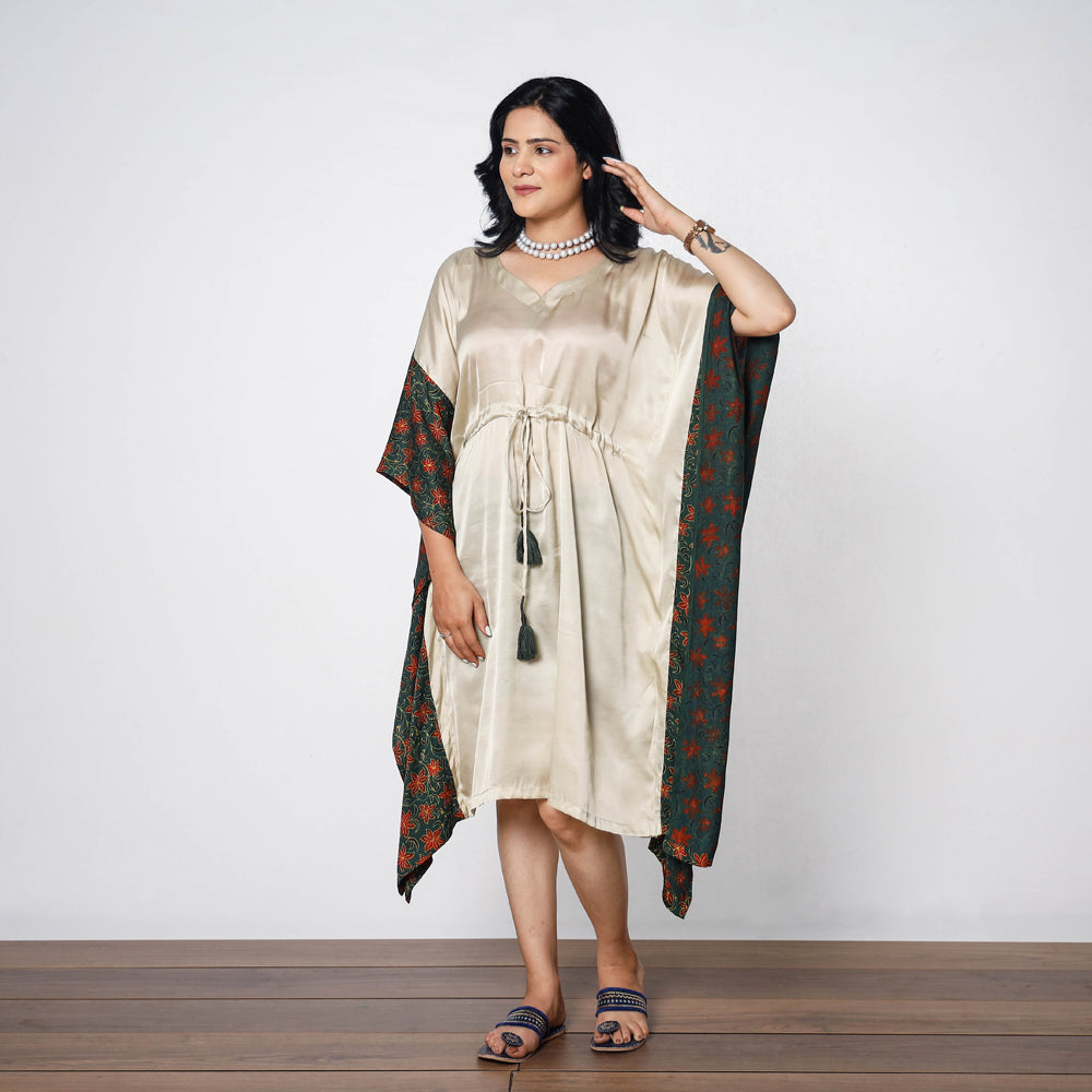 Beige - Modal Silk Ajrakh Printed Kaftan Dress (Medium)