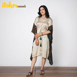 Beige - Modal Silk Ajrakh Printed Kaftan Dress (Medium)