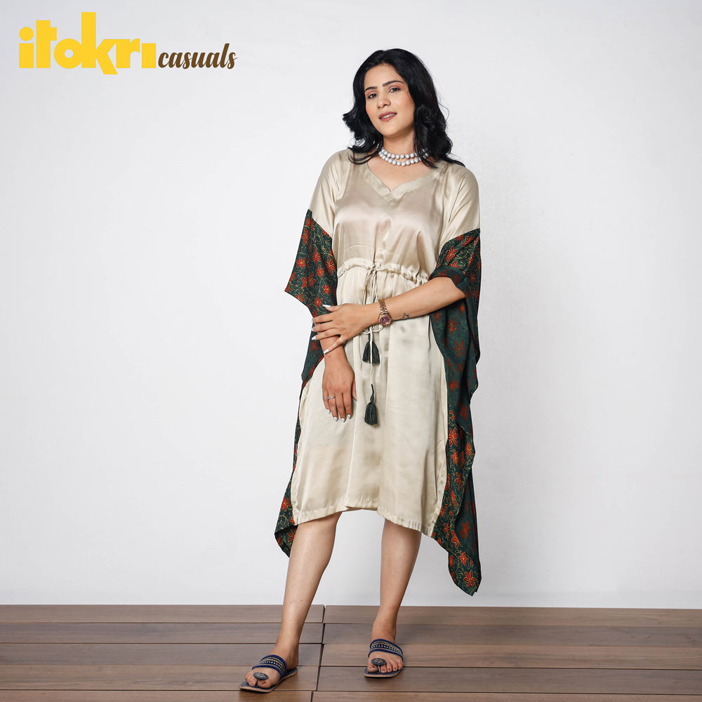Beige - Modal Silk Ajrakh Printed Kaftan Dress (Medium)