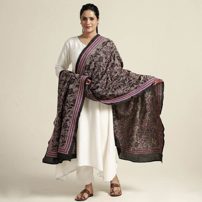 Black - Bengal Nakshi Kantha Embroidery Tussar Silk Handloom Dupatta