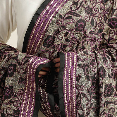 Black - Bengal Nakshi Kantha Embroidery Tussar Silk Handloom Dupatta