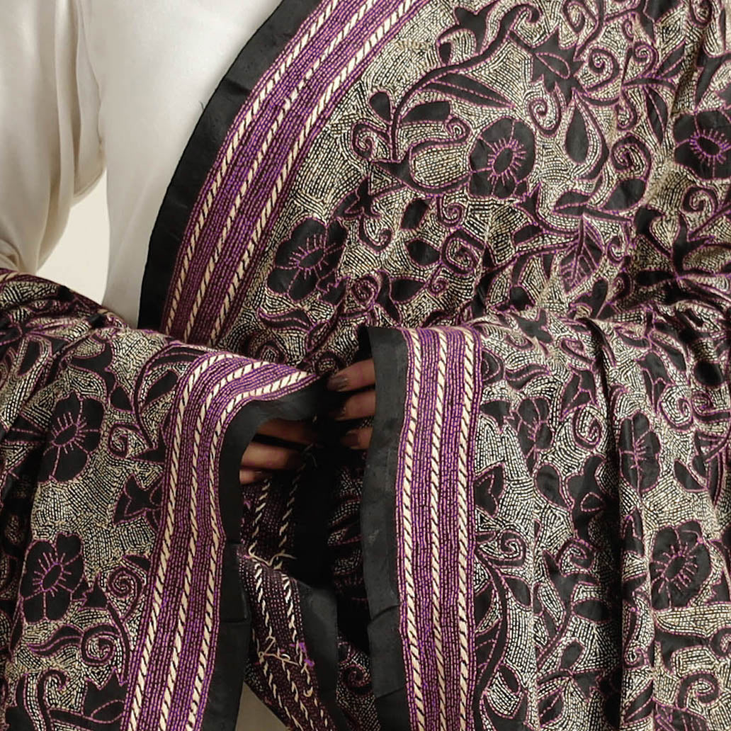 Black - Bengal Nakshi Kantha Embroidery Tussar Silk Handloom Dupatta