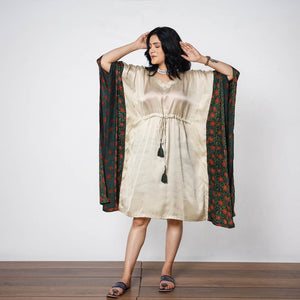 Beige - Modal Silk Ajrakh Printed Kaftan Dress (Medium)