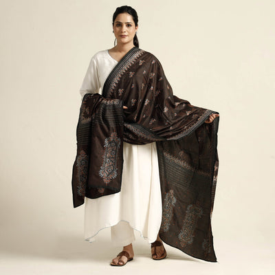 Brown - Bengal Kantha Embroidery Tussar Silk Handloom Dupatta