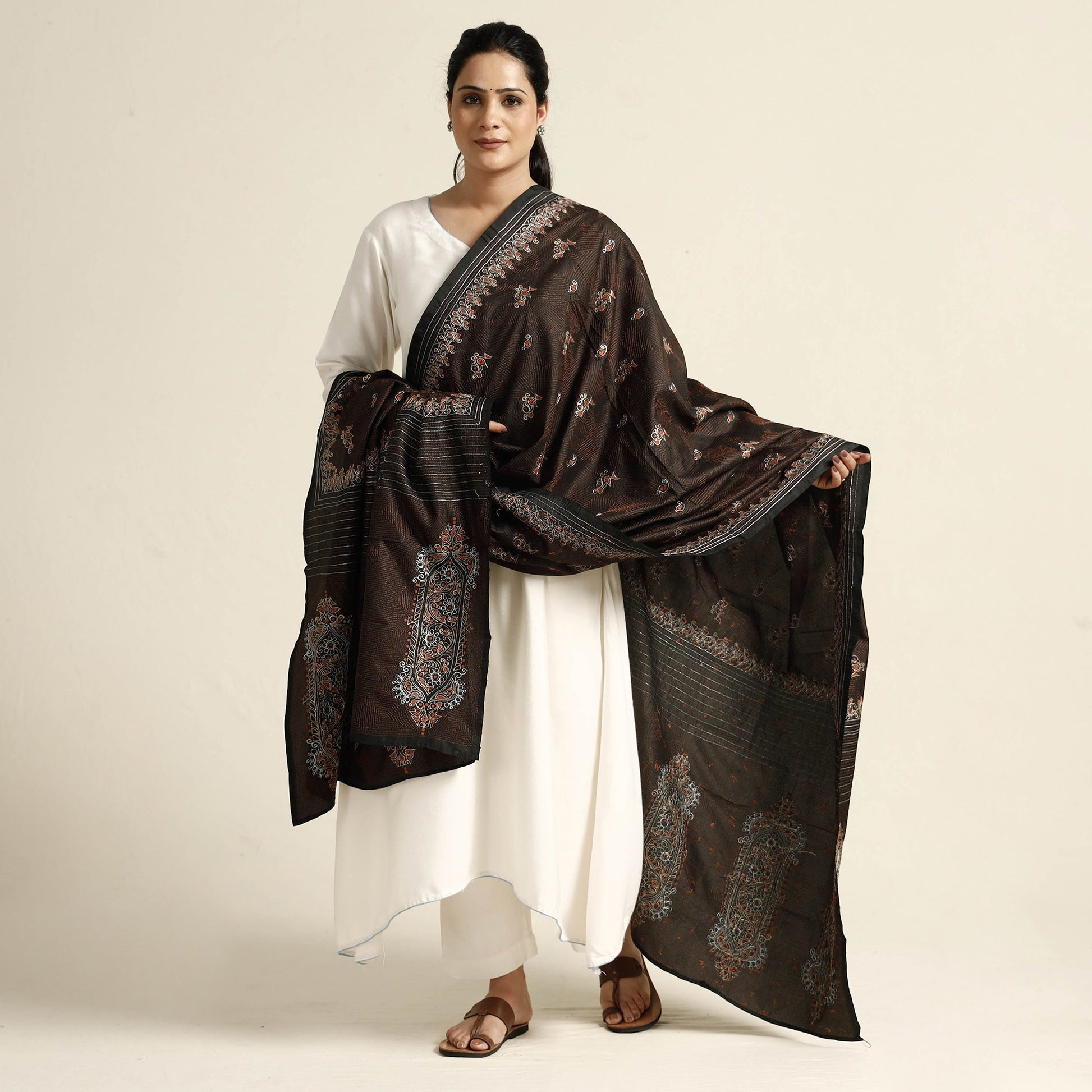 Brown - Bengal Kantha Embroidery Tussar Silk Handloom Dupatta