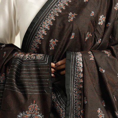 Brown - Bengal Kantha Embroidery Tussar Silk Handloom Dupatta