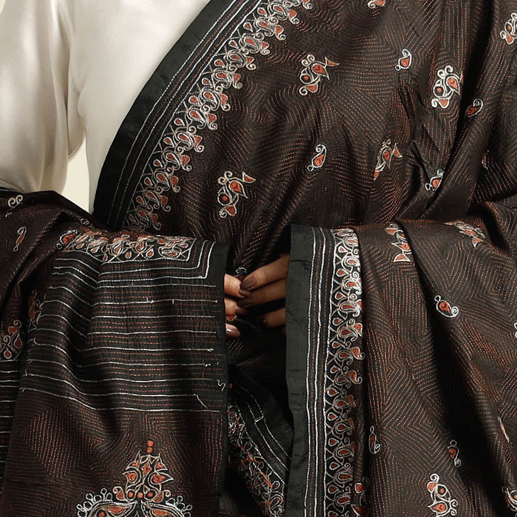 Brown - Bengal Kantha Embroidery Tussar Silk Handloom Dupatta