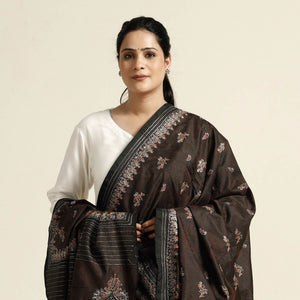 Brown - Bengal Kantha Embroidery Tussar Silk Handloom Dupatta