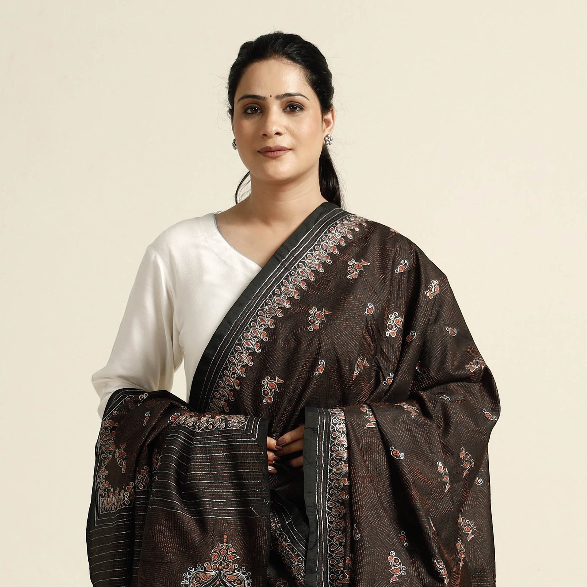 Brown - Bengal Kantha Embroidery Tussar Silk Handloom Dupatta