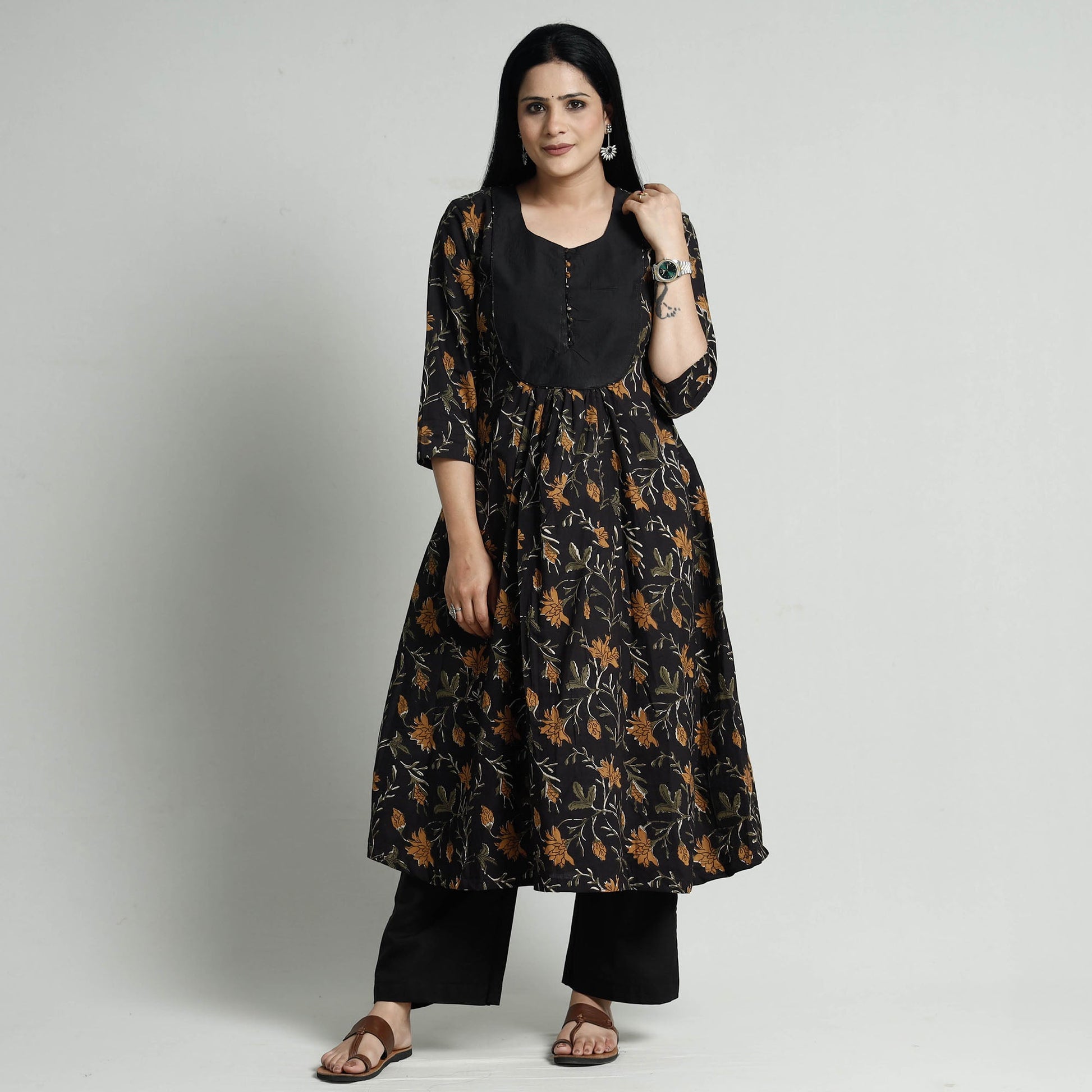 Black - Bagru Block Printed Cotton Kurta with Palazzo Set