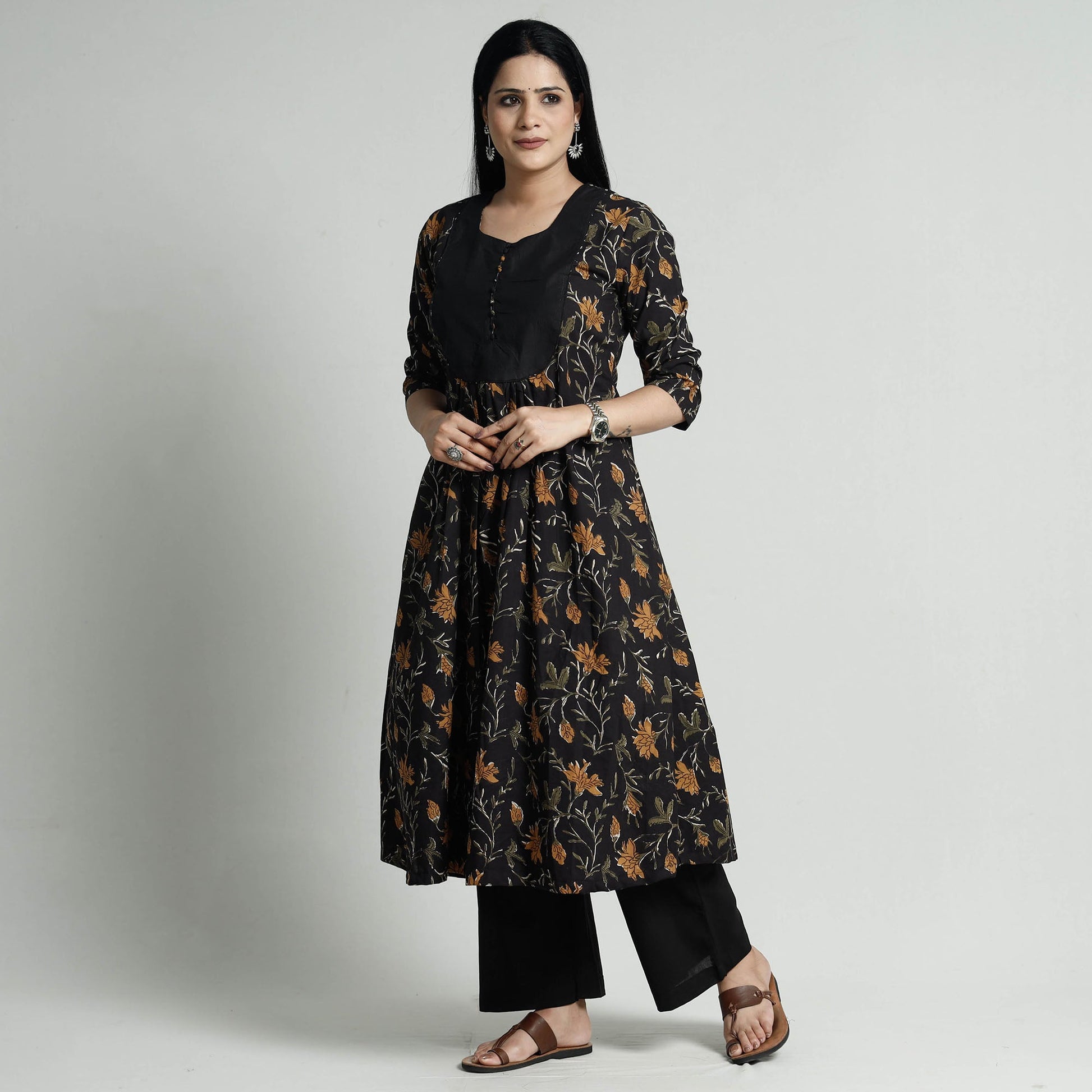 Black - Bagru Block Printed Cotton Kurta with Palazzo Set
