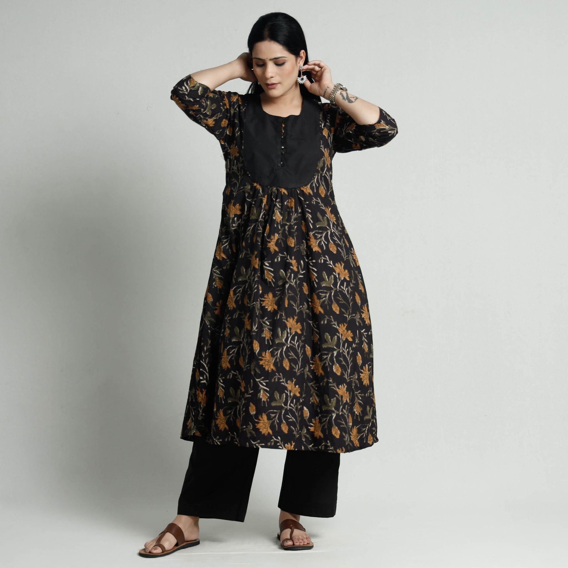 Black - Bagru Block Printed Cotton Kurta with Palazzo Set