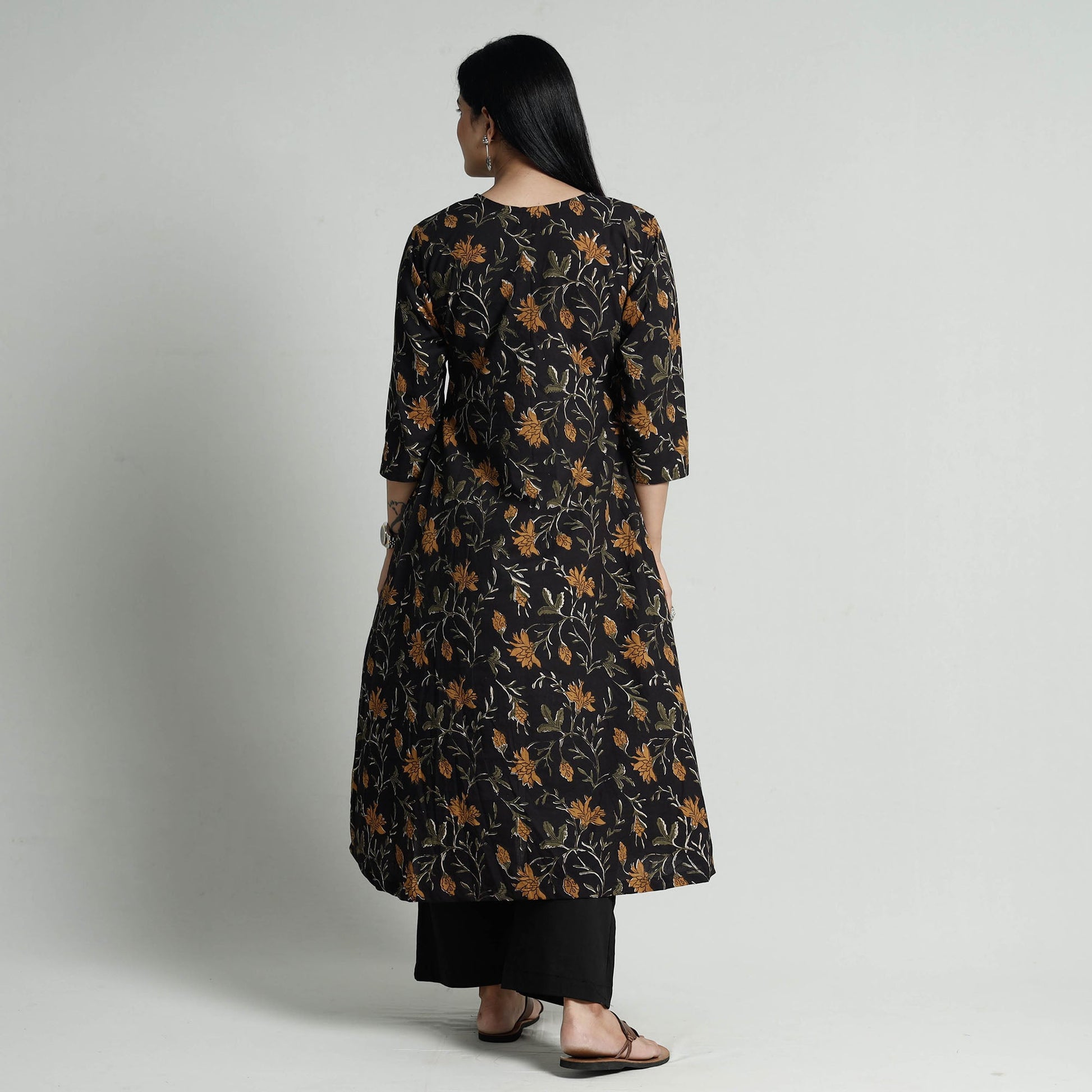 Black - Bagru Block Printed Cotton Kurta with Palazzo Set