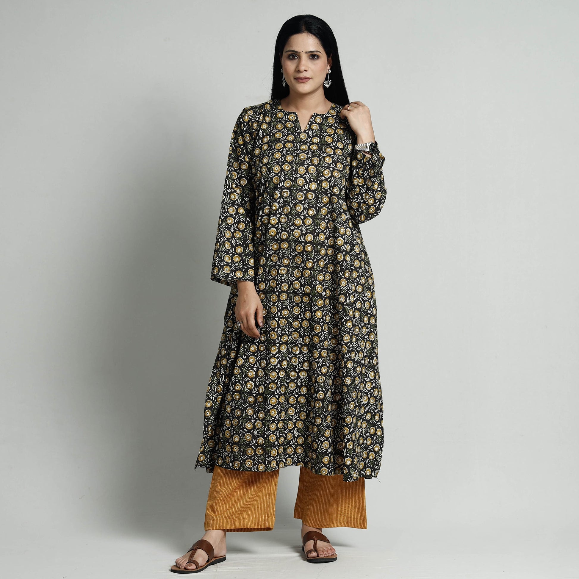 Black - Bagru Block Printed Cotton Kurta with Palazzo Set