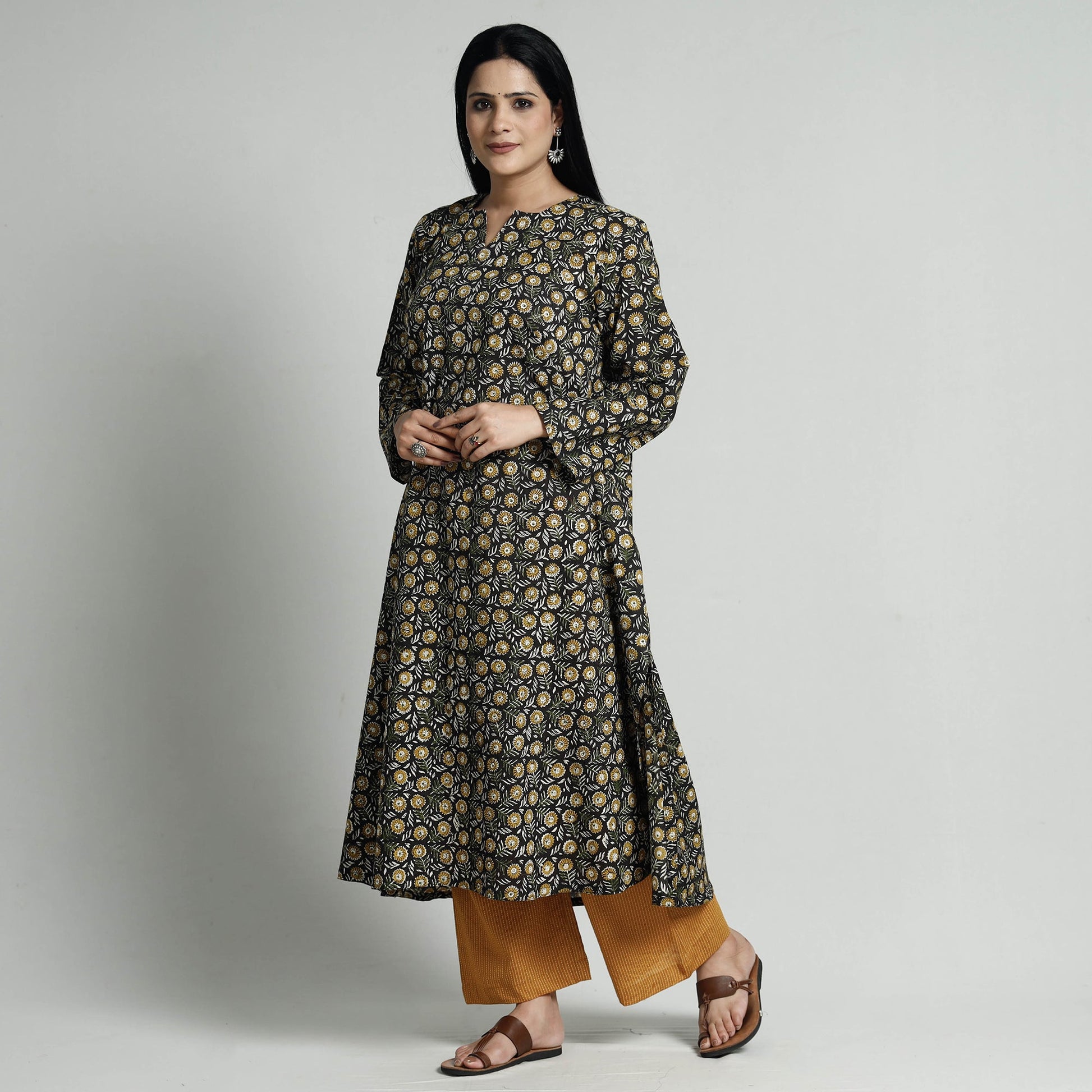 Black - Bagru Block Printed Cotton Kurta with Palazzo Set