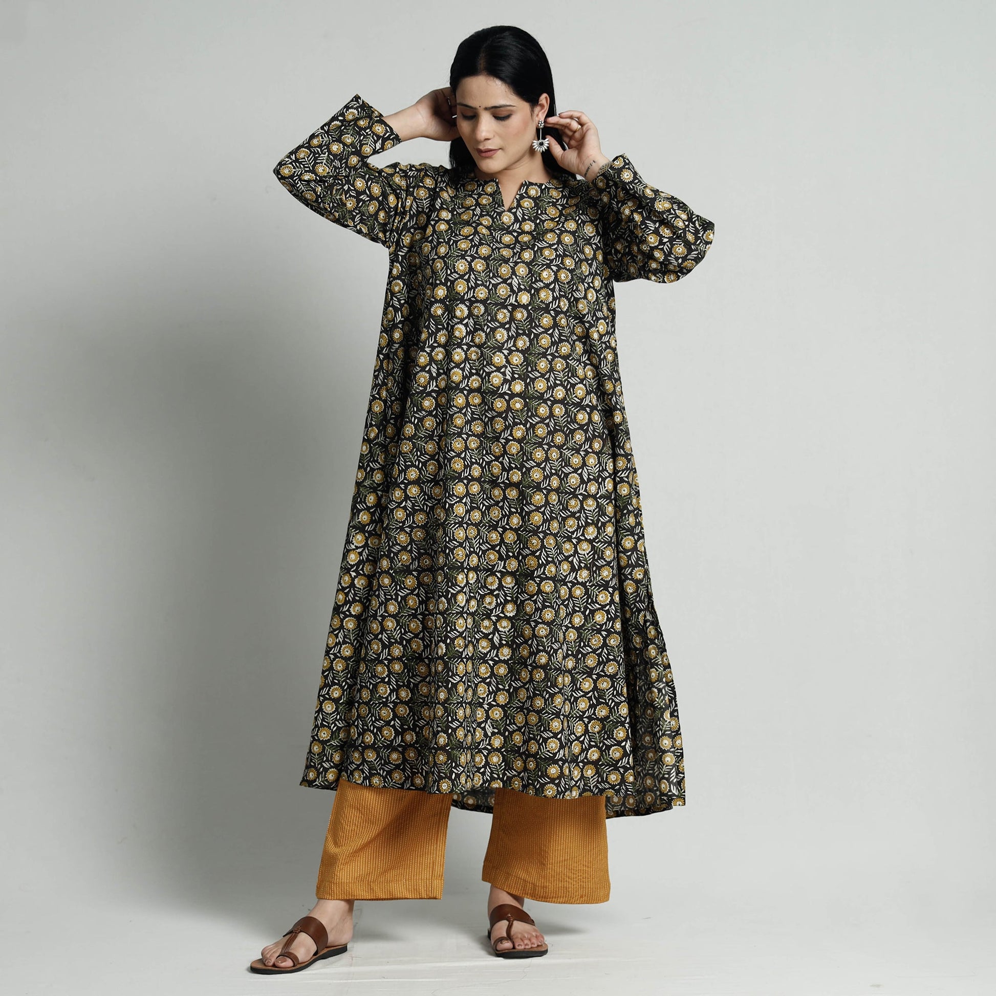 Black - Bagru Block Printed Cotton Kurta with Palazzo Set