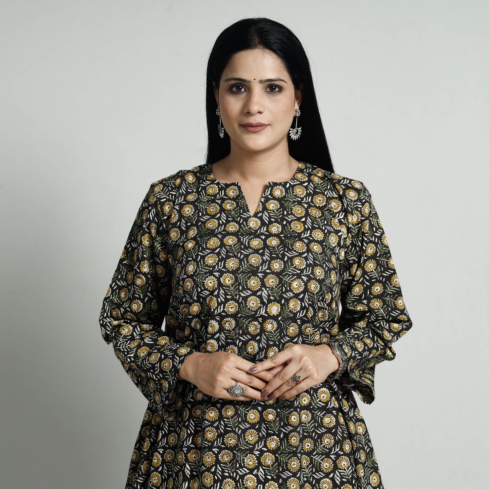 Black - Bagru Block Printed Cotton Kurta with Palazzo Set