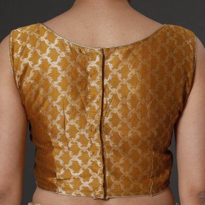 Brown - Mustard Yellow Banarasi Silk Zari Weave Stitched Blouse