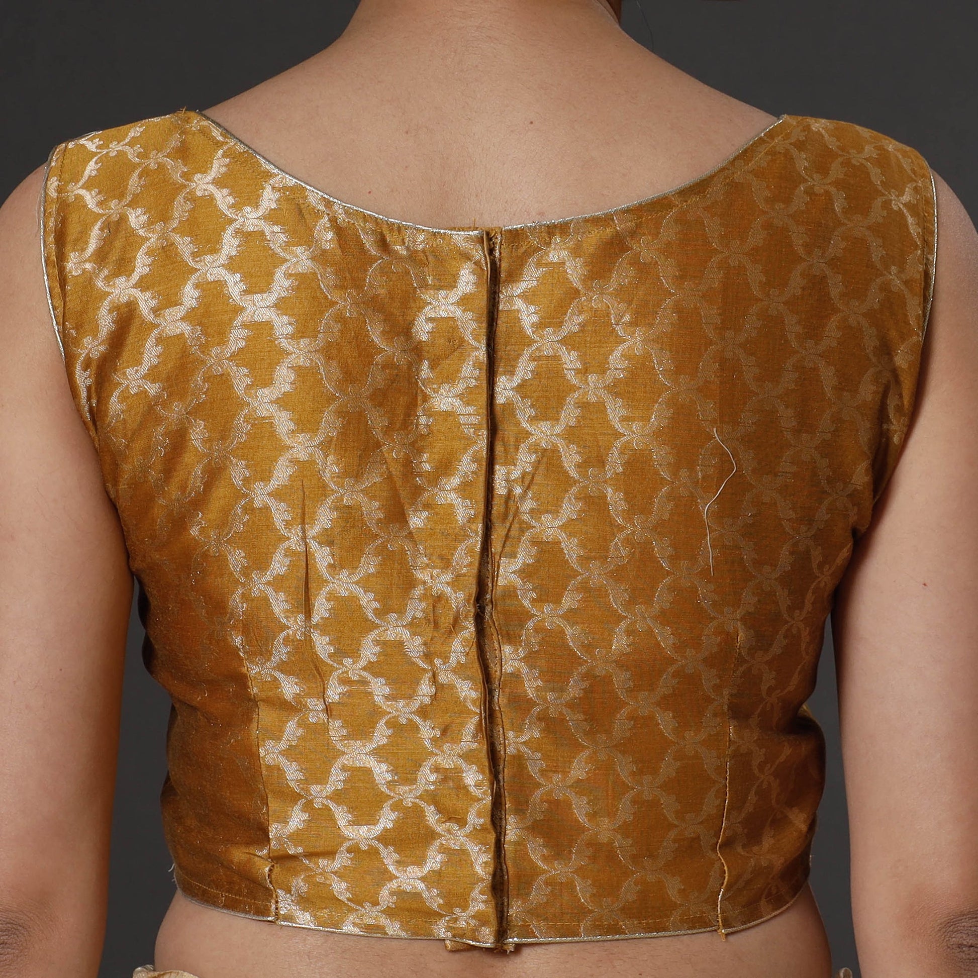 Brown - Mustard Yellow Banarasi Silk Zari Weave Stitched Blouse