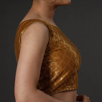 Brown - Mustard Yellow Banarasi Silk Zari Weave Stitched Blouse