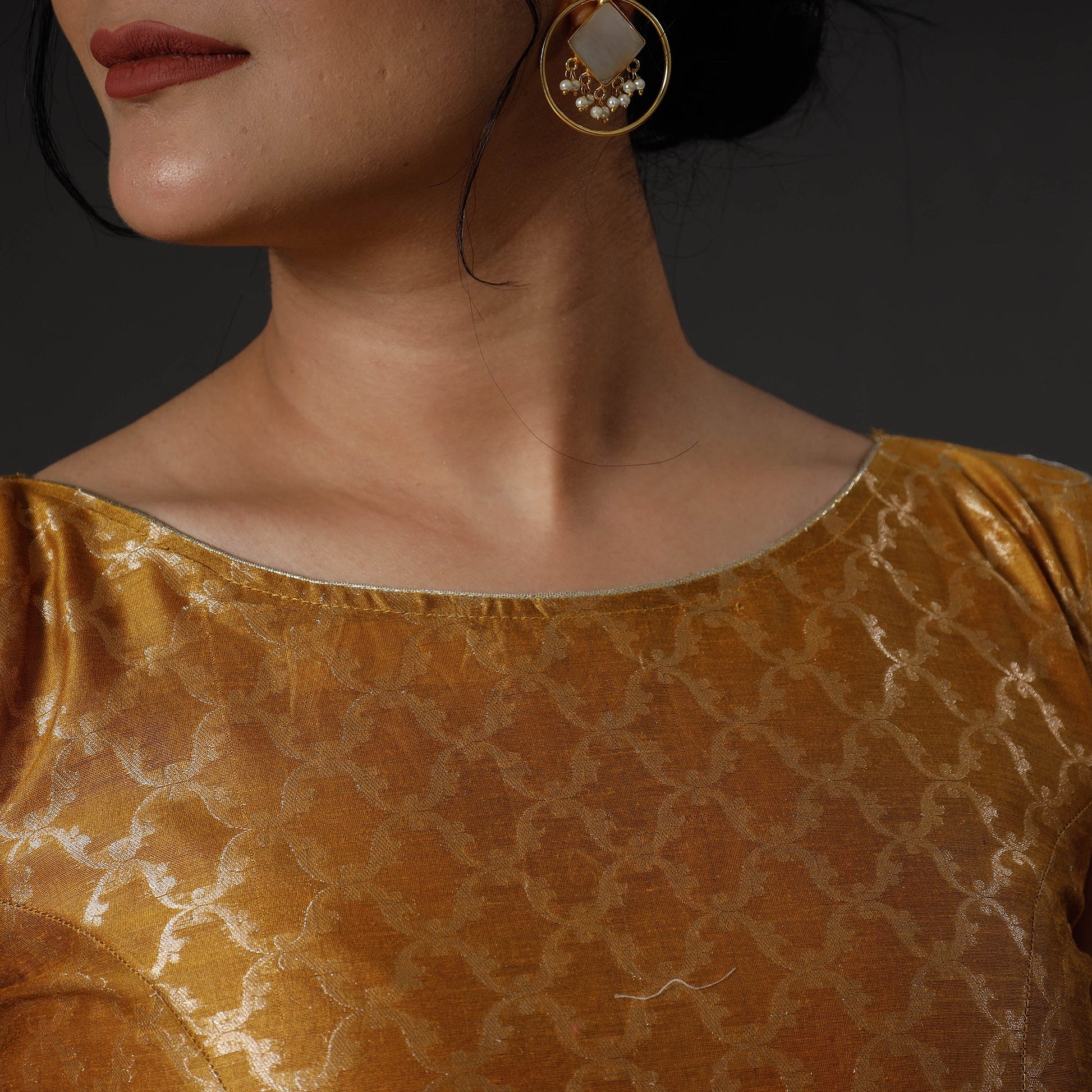Brown - Mustard Yellow Banarasi Silk Zari Weave Stitched Blouse