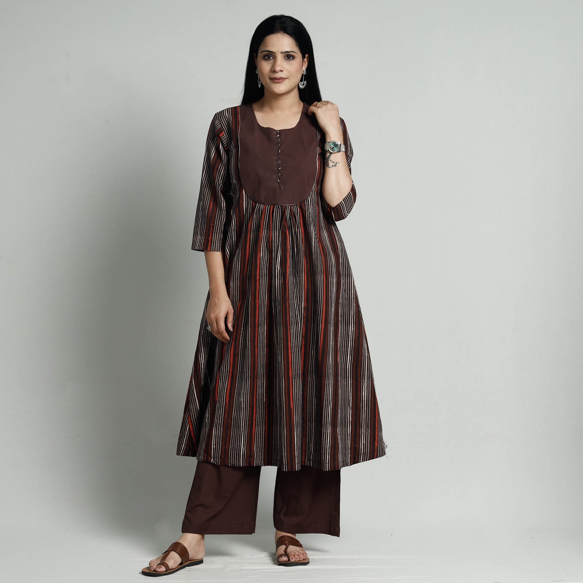 Brown - Bagru Block Printed Cotton Kurta with Palazzo Set