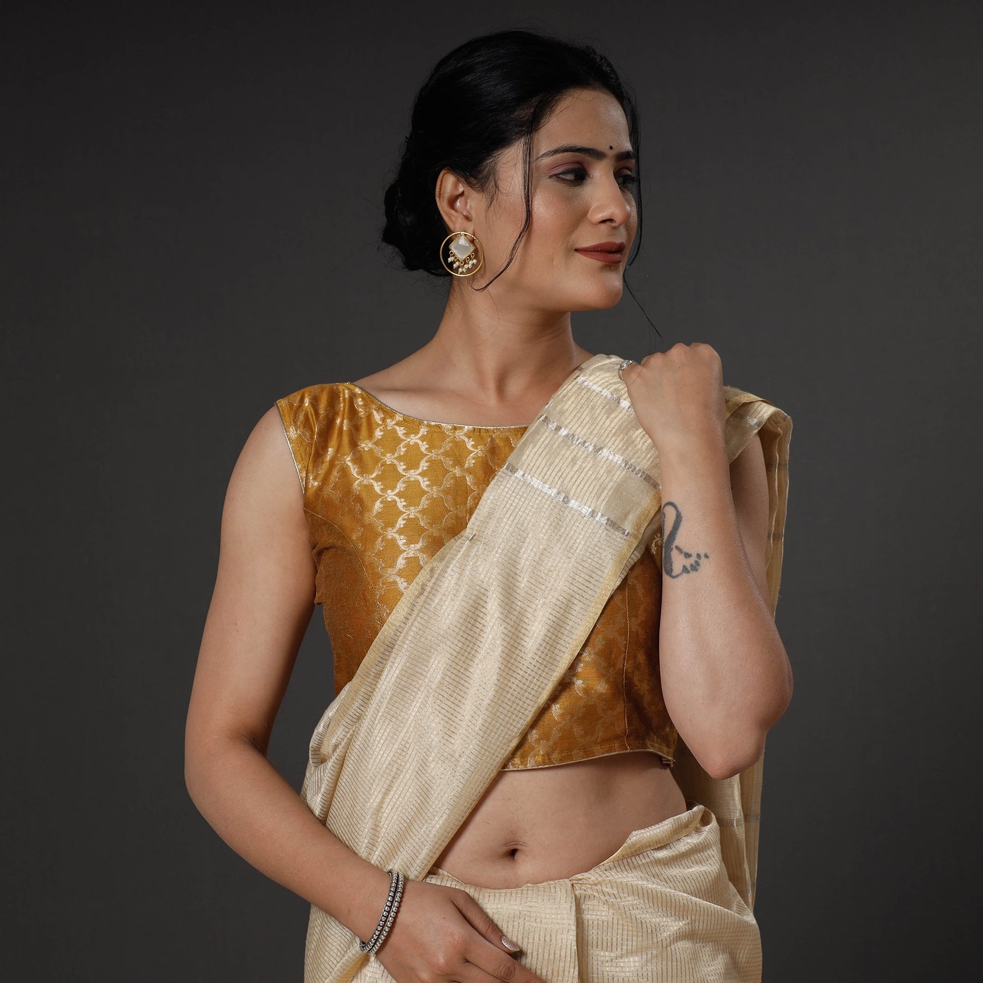 Brown - Mustard Yellow Banarasi Silk Zari Weave Stitched Blouse