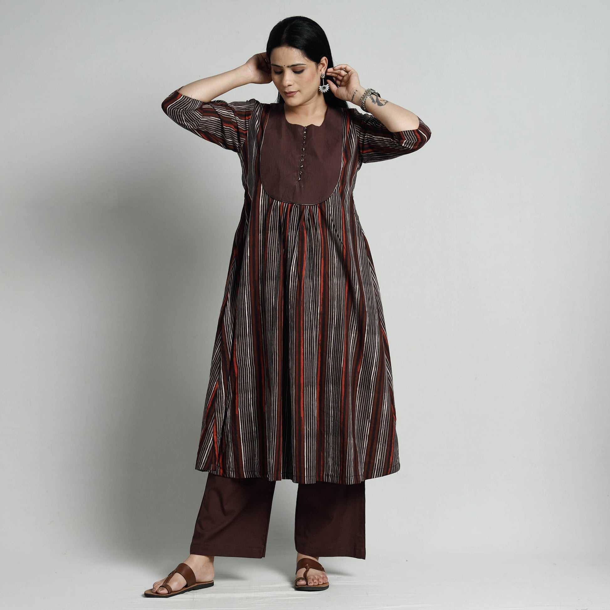 Brown - Bagru Block Printed Cotton Kurta with Palazzo Set