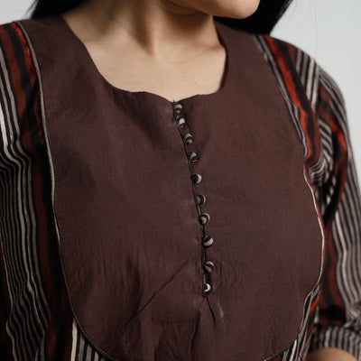 Brown - Bagru Block Printed Cotton Kurta with Palazzo Set