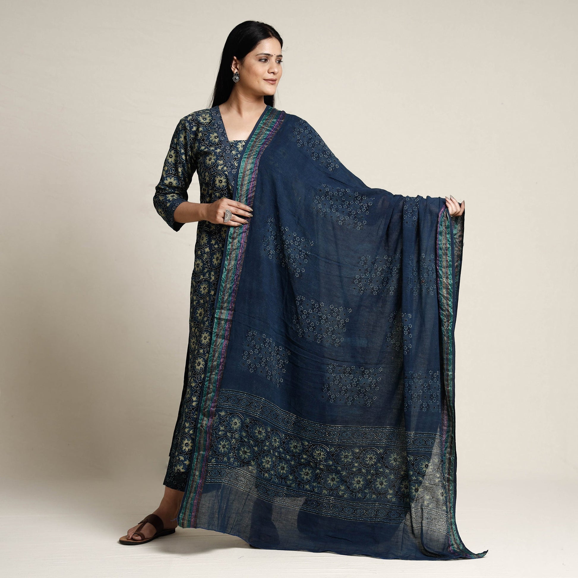 Blue - Ajrakh Block Printed Cotton Kurta with Palazzo & Dupatta Set
