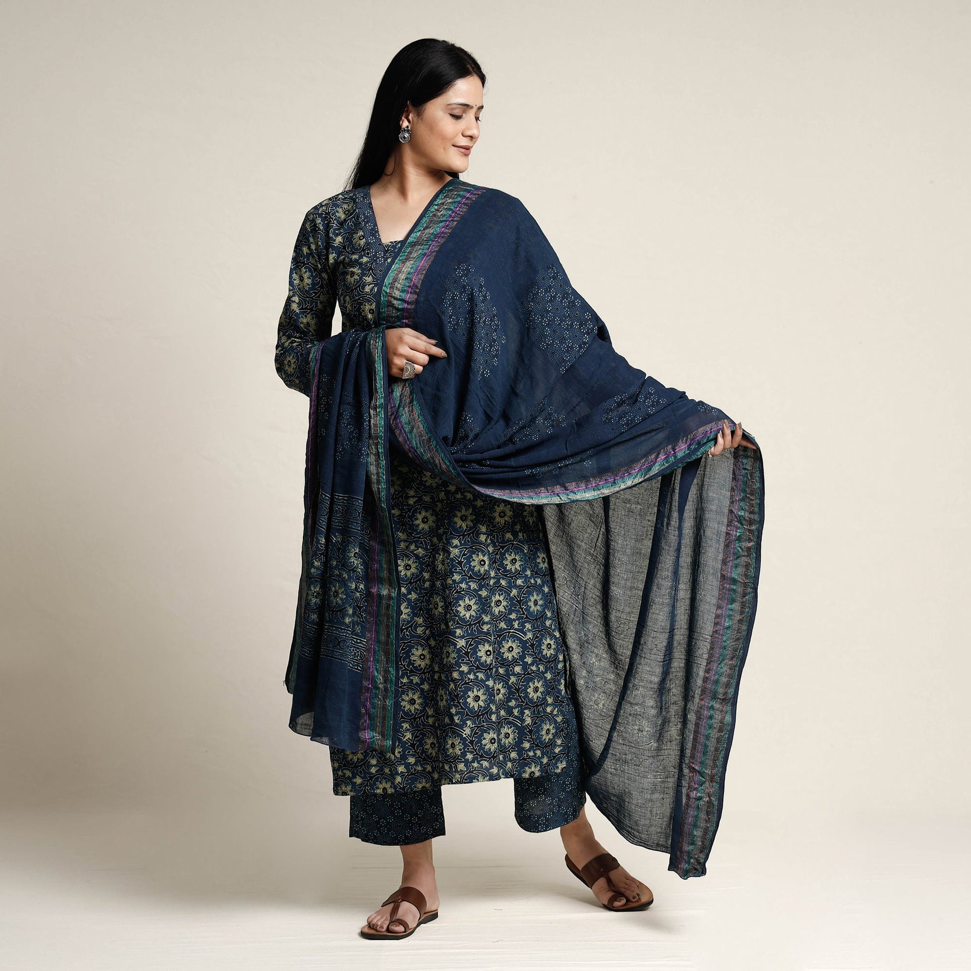 Blue - Ajrakh Block Printed Cotton Kurta with Palazzo & Dupatta Set