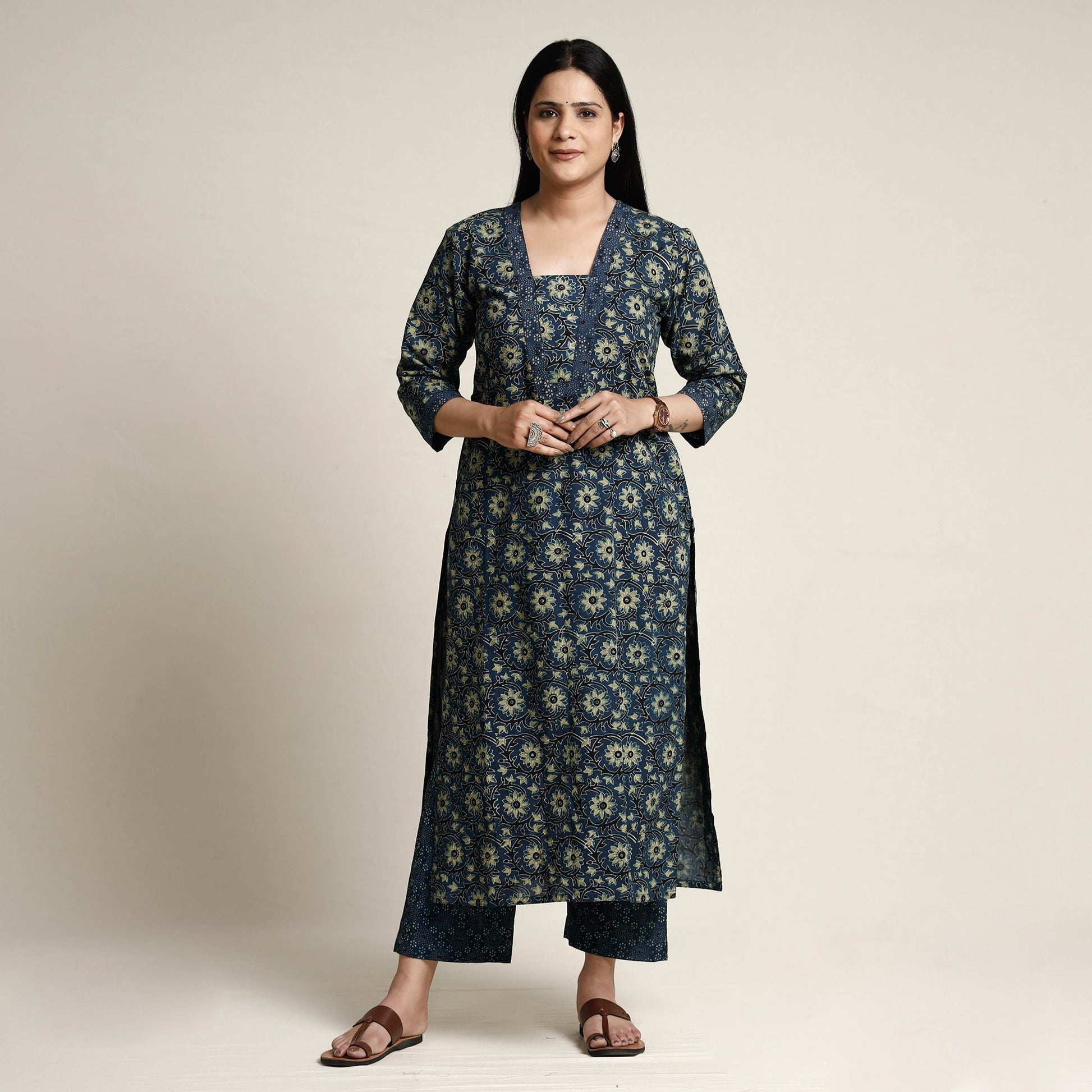 Blue - Ajrakh Block Printed Cotton Kurta with Palazzo & Dupatta Set