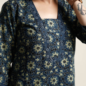 Blue - Ajrakh Block Printed Cotton Kurta with Palazzo & Dupatta Set