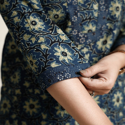 Blue - Ajrakh Block Printed Cotton Kurta with Palazzo & Dupatta Set