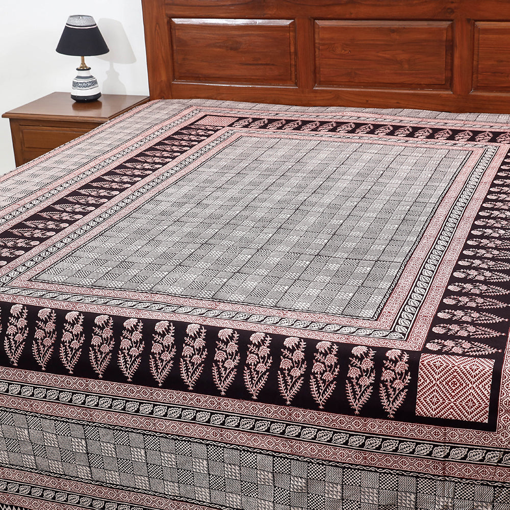 Black - Bagh Block Printed Cotton Double Bed Cover (106 x 90 in)