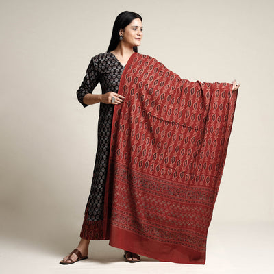 Black - Ajrakh Block Printed Cotton Kurta with Palazzo & Dupatta Set