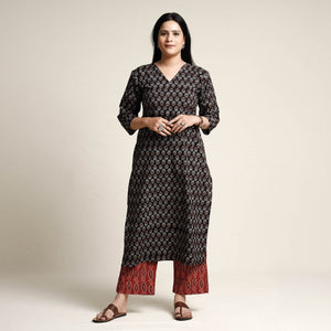 Black - Ajrakh Block Printed Cotton Kurta with Palazzo & Dupatta Set