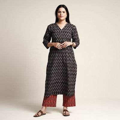 Black - Ajrakh Block Printed Cotton Kurta with Palazzo & Dupatta Set