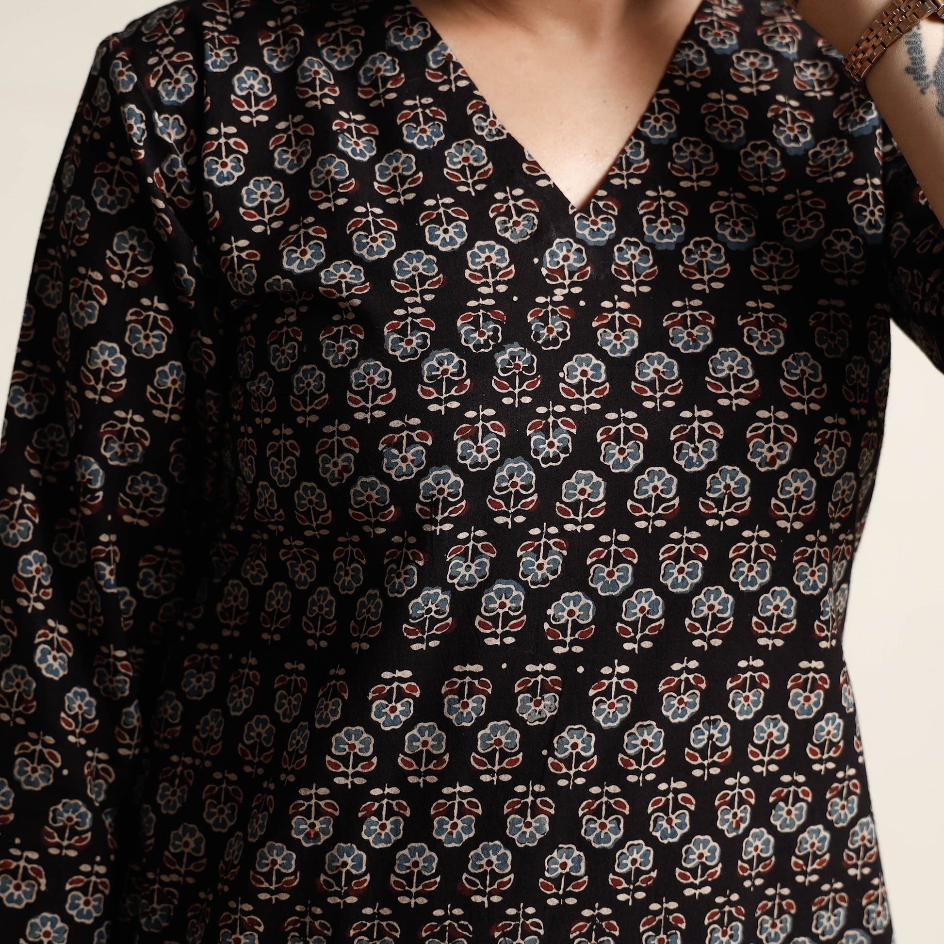 Black - Ajrakh Block Printed Cotton Kurta with Palazzo & Dupatta Set
