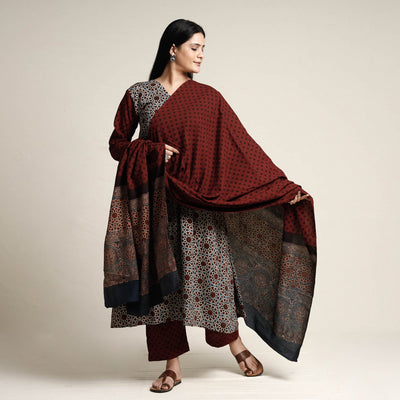 Black - Ajrakh Block Printed Cotton Kurta with Palazzo & Dupatta Set