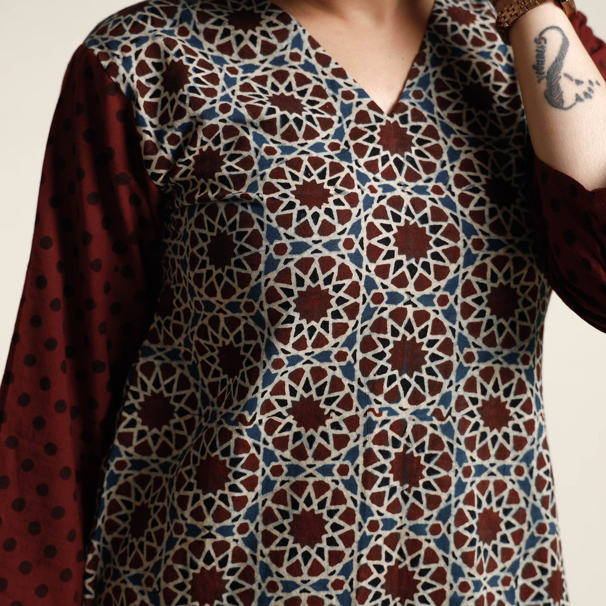 Black - Ajrakh Block Printed Cotton Kurta with Palazzo & Dupatta Set