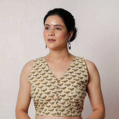 Beige - Bagru Dabu Block Printed Cotton Stitched Blouse