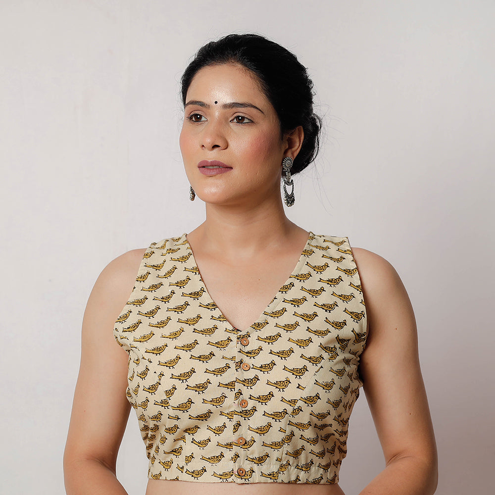 Beige - Bagru Dabu Block Printed Cotton Stitched Blouse