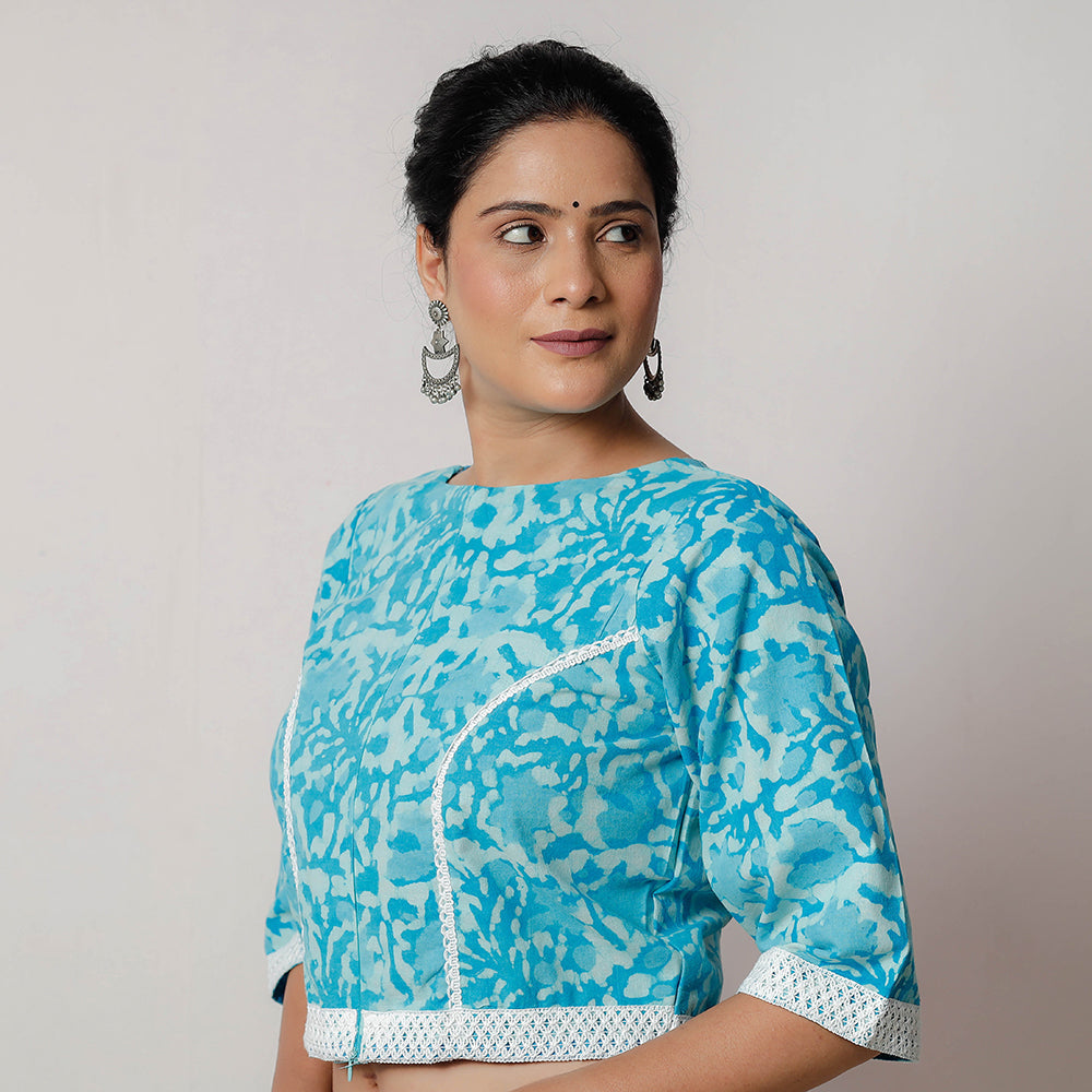 Blue - Bagru Dabu Block Printed Cotton Stitched Blouse