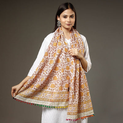 Brown - Sanganeri Block Print Cotton Stole with Pom Pom 11