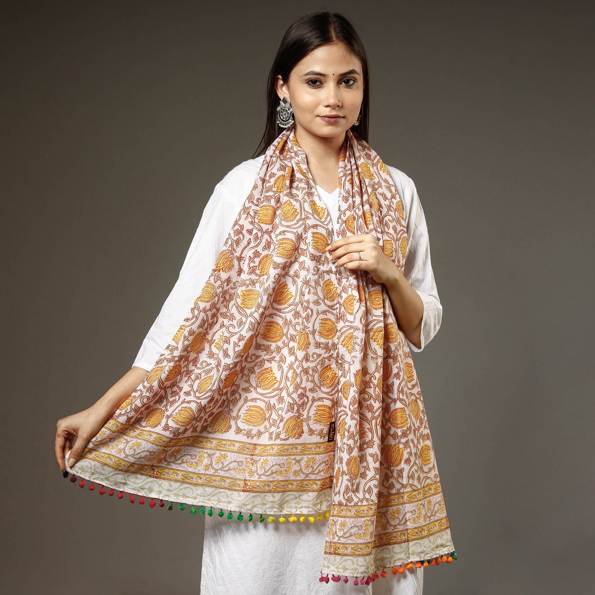 Brown - Sanganeri Block Print Cotton Stole with Pom Pom 11