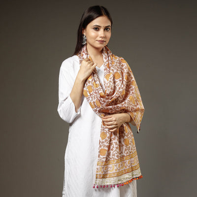 Brown - Sanganeri Block Print Cotton Stole with Pom Pom 11