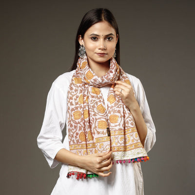 Brown - Sanganeri Block Print Cotton Stole with Pom Pom 11